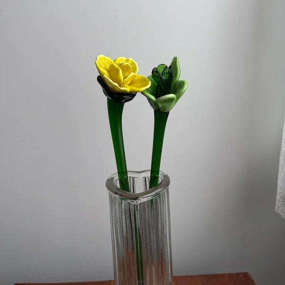 2 Murano Blown Glass 12” Flowers Yellow Green Vintage Decor - Picture 15 of 16